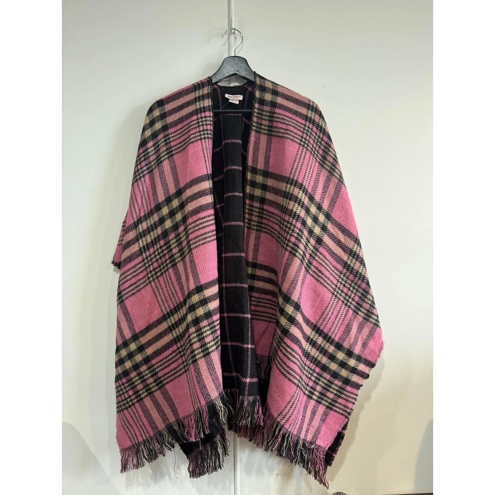 Juicy Couture Shawl Womens One Size Pink Plaid Fringe Wrap Scarf Fall Winter